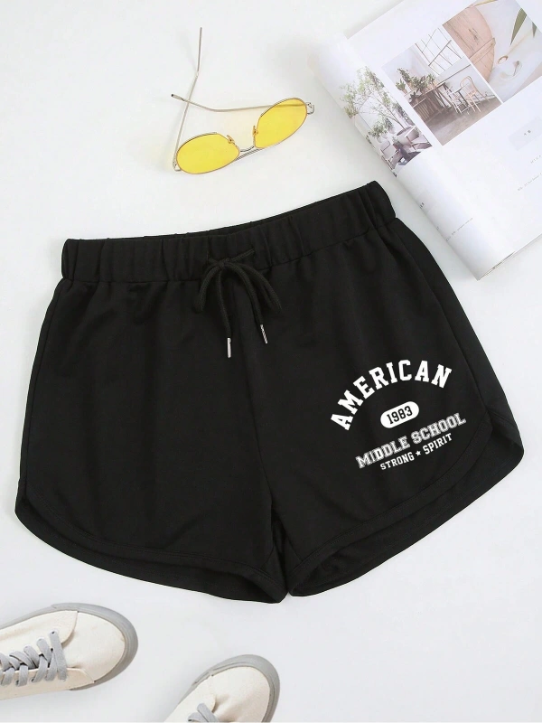 Letter Graphic Drawstring Waist Track Şort