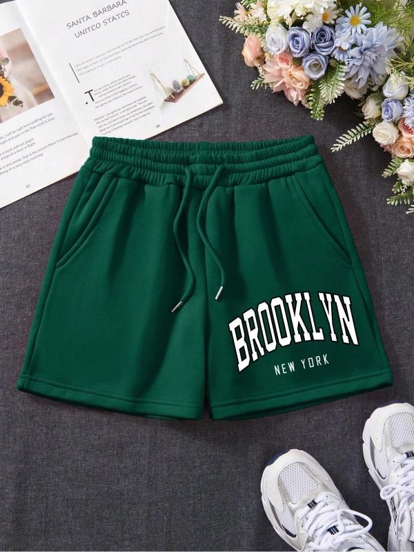 Letter Graphic Drawstring Waist Track Şort