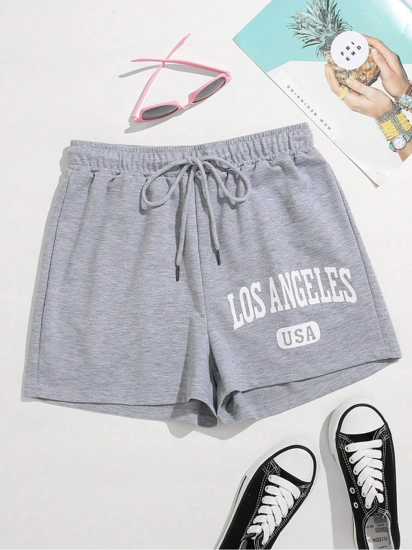Letter Graphic Drawstring Waist Track Şort