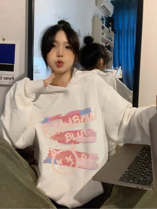 Letter Graphic Drop Shoulder Oversized Hoodie Beyaz