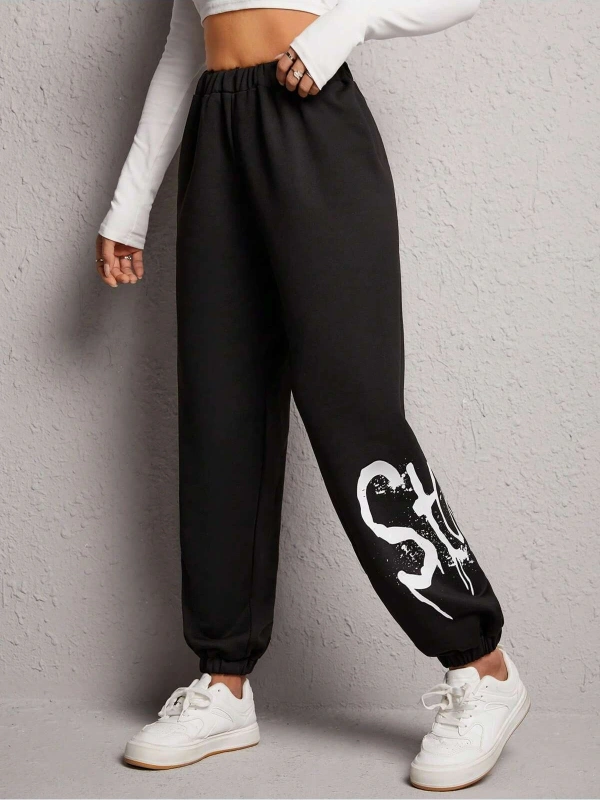 Letter Graphic Elastic Waist 4 Mevsim Eşofman