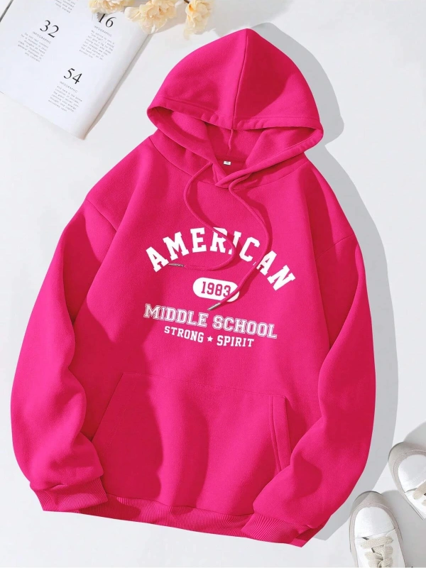 Letter Graphic Kangaroo Pocket Drawstring Lined Hoodie Sweatshirt Pembe