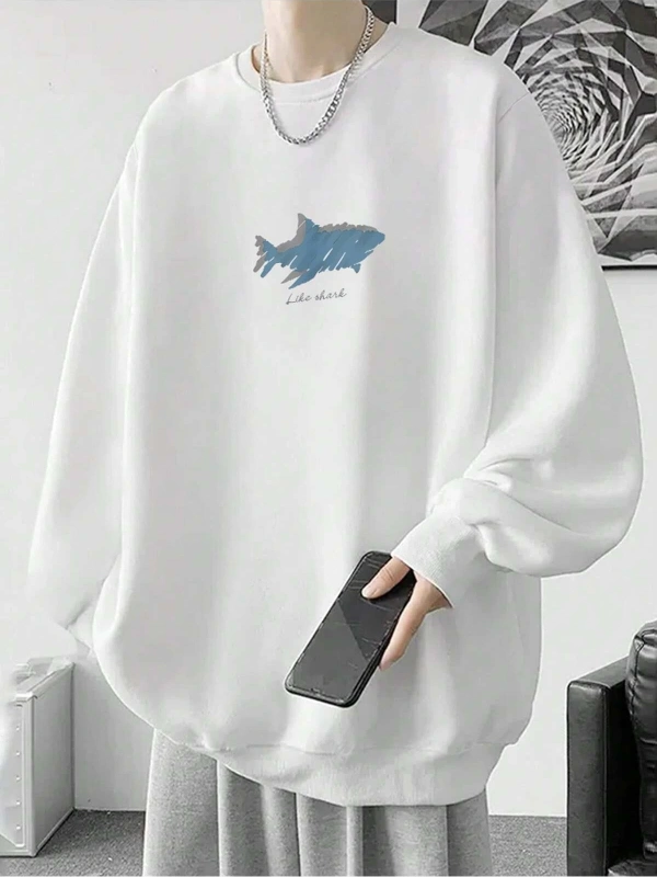 Letter & Shark Print Drop Shoulder Pullover Beyaz
