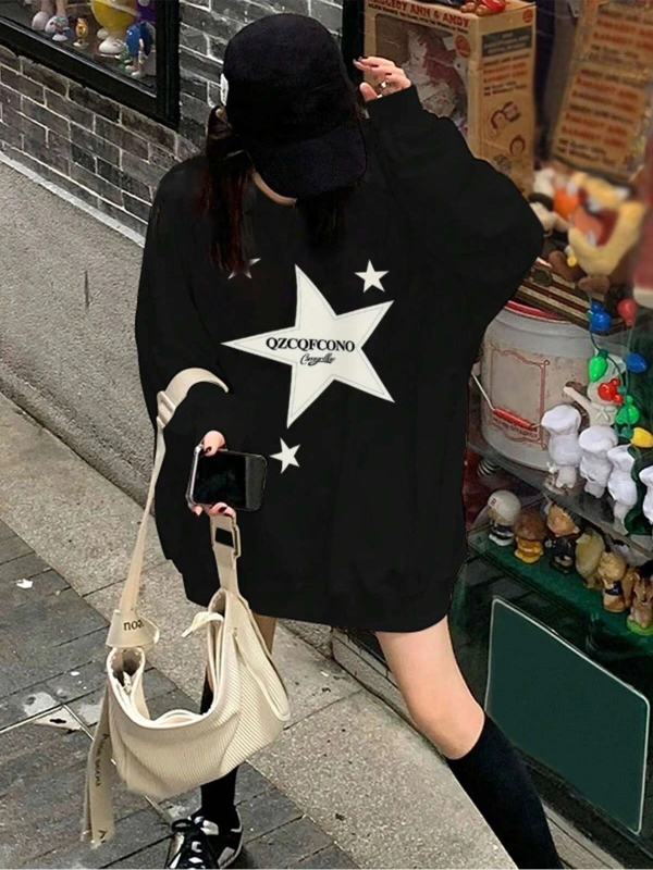 Letter & Star Pattern Drop Shoulder Pullover Siyah