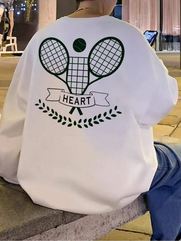 Letter & Tennis Racket Print Drop Shoulder Sweatshirt Beyaz