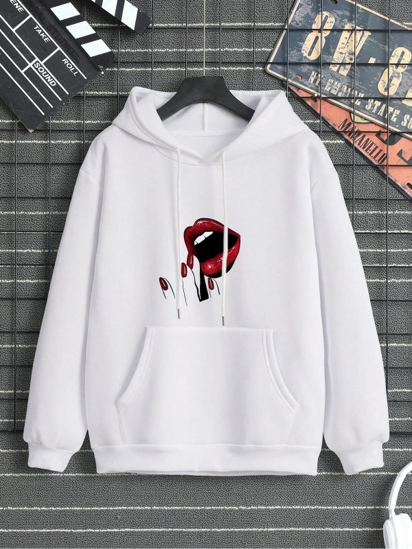 Lip Print Kangaroo Pocket Drawstring Hoodie Beyaz