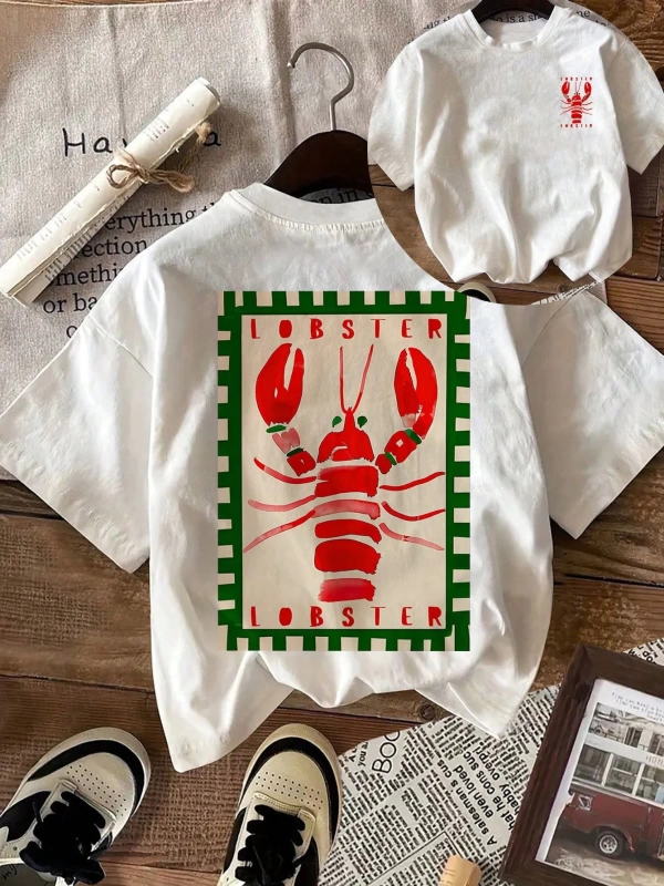 Lobster Graphic Yaz Dışarı Çıkma Tişörtü, Kadın Rahat Yuvarlak Yaka Kısa Kollu Tişört
