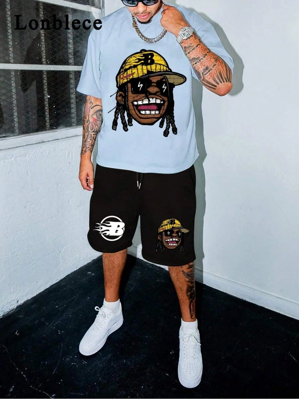 Lonblece 2li Erkek Karikatür Baskılı Kısa Kollu Tişört Şort Takımı