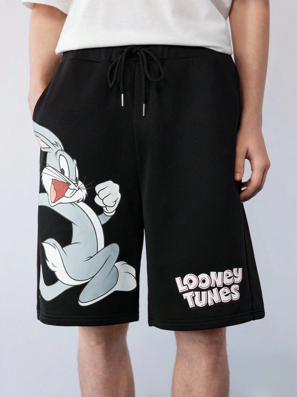 LOONEY TUNES X SHEIN Erkek Günlük Karikatür Tavşan Baskılı Elastik Bel Şort, Yaz