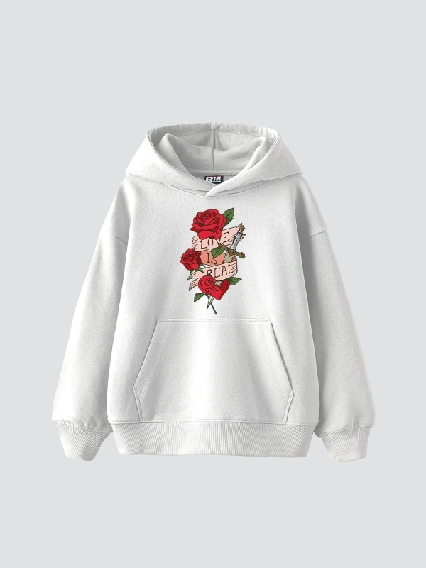 Love İs Real Baskılı Oversize Unisex Beyaz