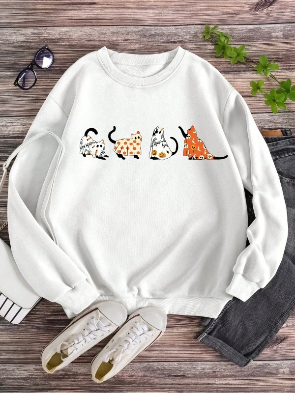 LUNE Cartoon Cat Print Lined Sweatshirt Beyaz