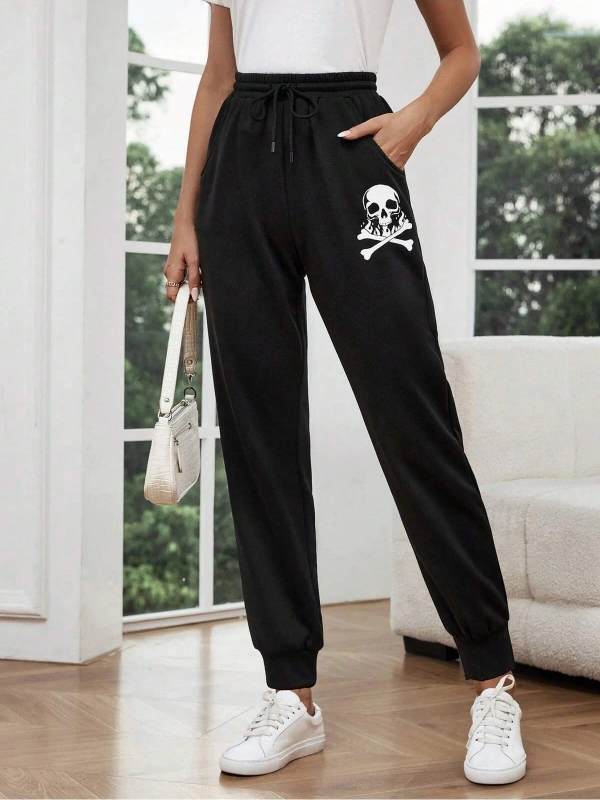 LUNE Halloween Skull Print Drawstring Waist 4 Mevsim Eşofman