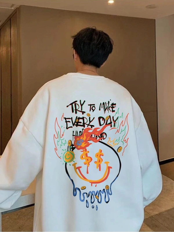 Manfinity EMRG Cartoon And Slogan Graphic Sweatshirt Beyaz