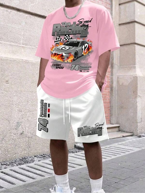 Manfinity EMRG Erkek Günlük Araba Harf Baskılı Kısa Kollu Tişört Ve Şort Takımı