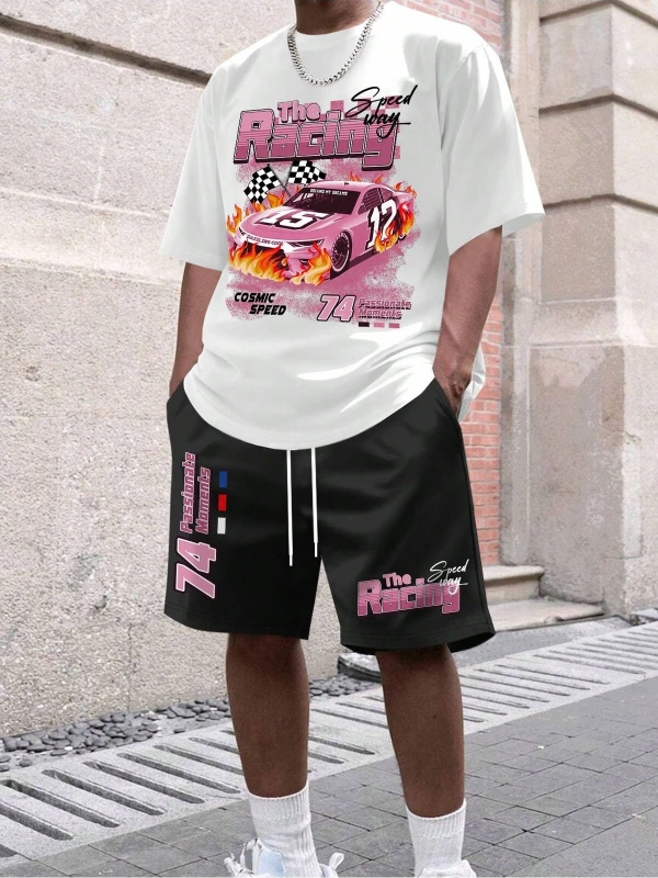 Manfinity EMRG Erkek Harf ve Araba Baskılı Rahat Yuvarlak Yaka Kısa Kollu