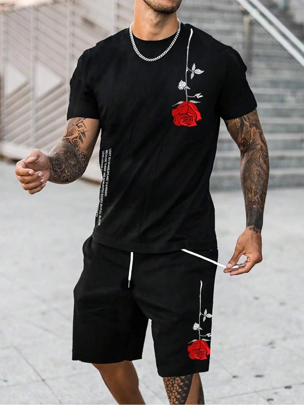 Manfinity Homme 2 Adet/Takım Erkek Çiçek Desenli Tişört Ve Şort Takımı