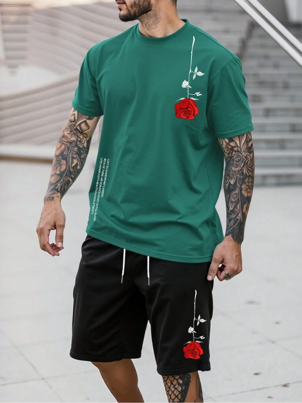 Manfinity Homme 2 Adet/Takım Erkek Çiçek Desenli Tişört Ve Şort Takımı