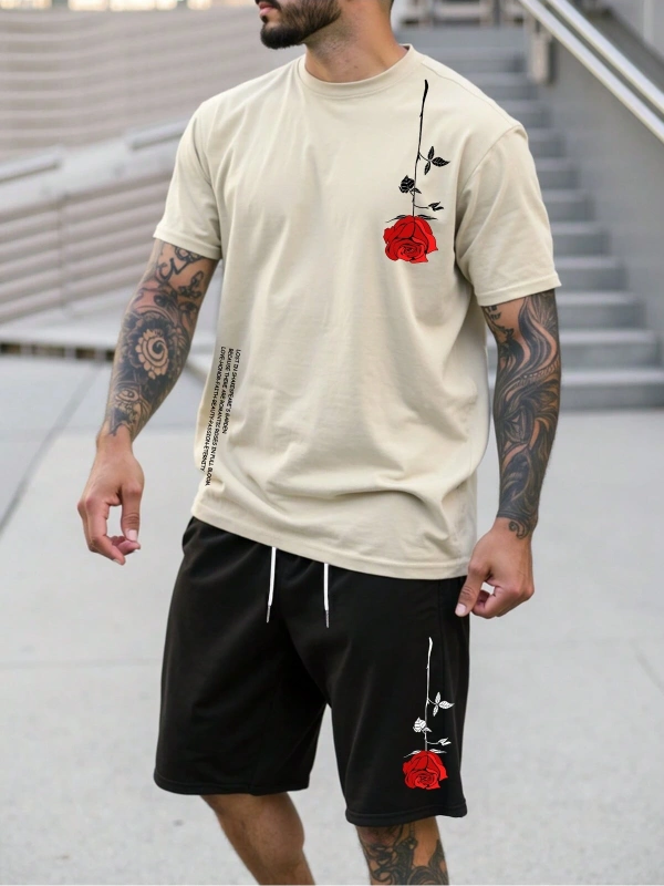 Manfinity Homme 2 Adet/Takım Erkek Çiçek Desenli Tişört Ve Şort Takımı