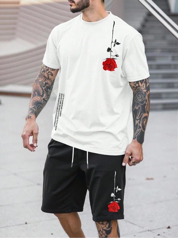 Manfinity Homme 2 Adet/Takım Erkek Çiçek Desenli Tişört Ve Şort Takımı