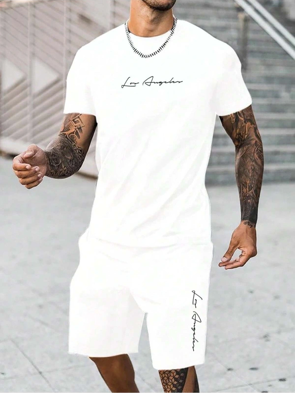Manfinity Homme Beyaz Örme Erkek Kısa Kollu Tişört ve Şort Takımı