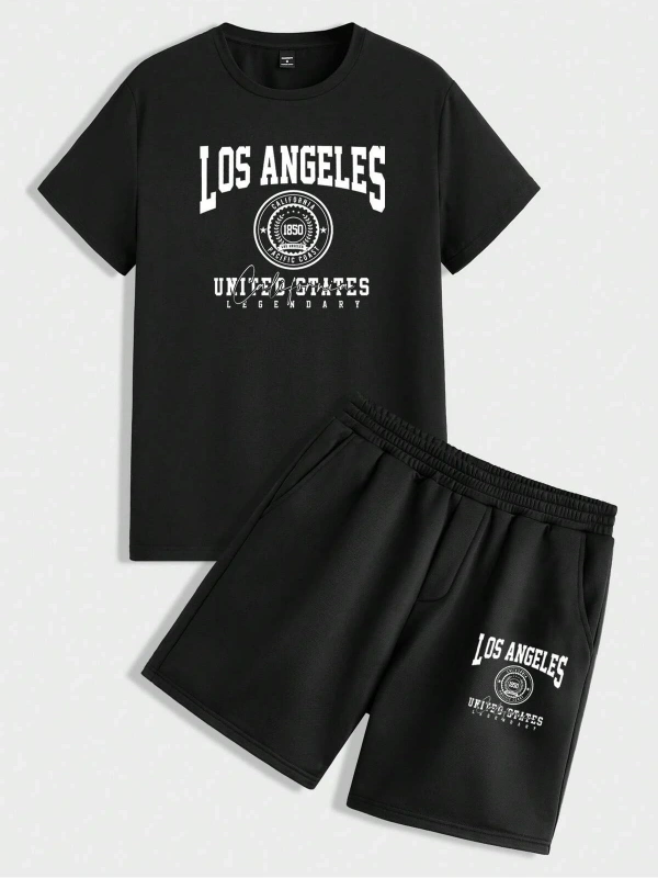 Manfinity Homme Casual College Style Tipografi Tişört ve Şort Takımı