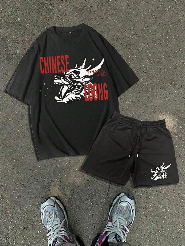 Manfinity Homme Erkek Kuş Desenli Tişört ve Şort Takımı