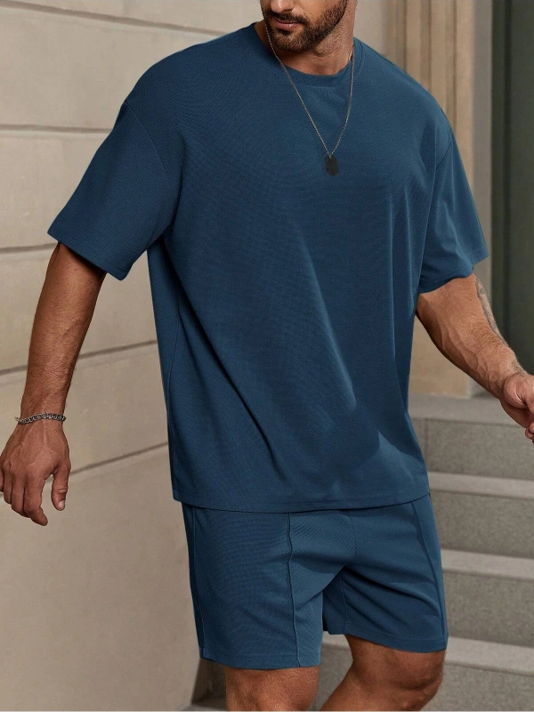 Manfinity Homme Loose Fit Erkek Düz Renk Düşük Omuz Tişört Ve Şort Takımı