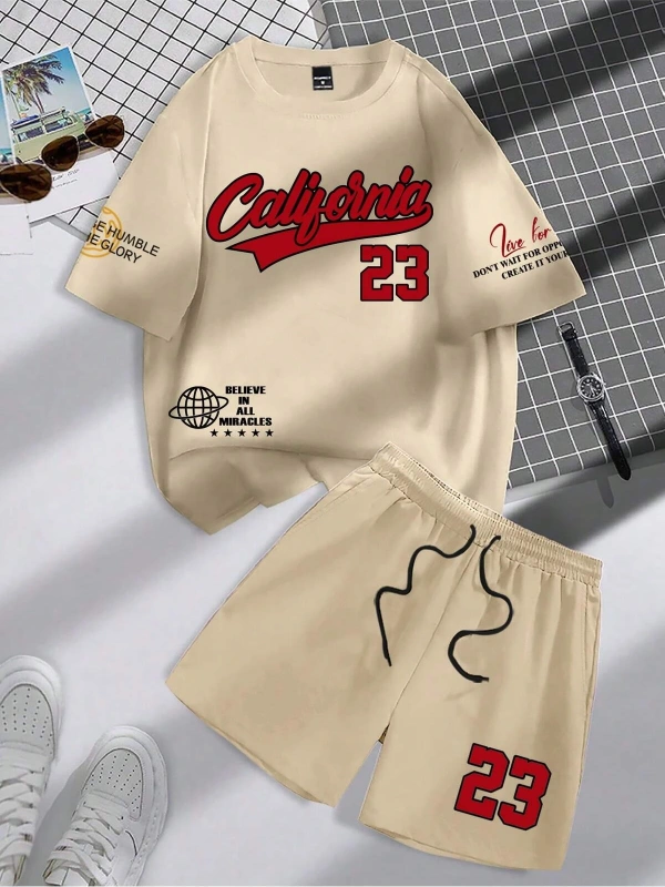 Manfinity Hypemode Erkek Günlük Mektup Baskılı Kısa Kollu Tişört ve Şort TakımıTişört Ve Şort Takımı