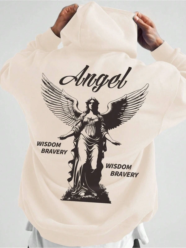 Manfinity Hypemode Letter & Figure Graphic Kangaroo Pocket Drawstring Hoodie Bej