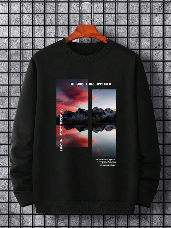 Manfinity Hypemode Mountain & Slogan Graphic Sweatshirt Siyah