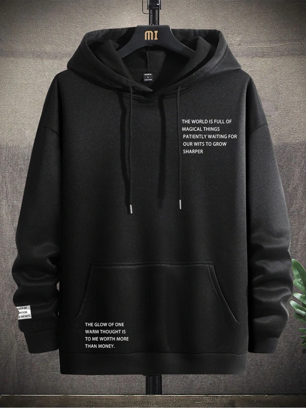 Manfinity Hypemode Slogan Graphic Kangaroo Pocket Drawstring Hoodie Siyah
