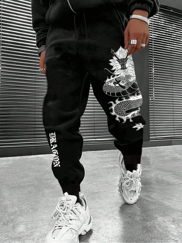 Manfinity Men Plus Çin Ejderha Baskılı Bel İpli Eşofman Altı