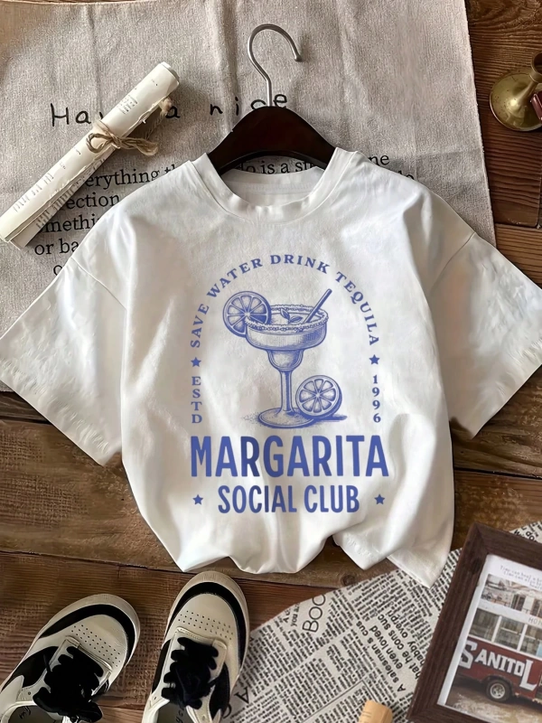 Margarita Kokteyl Baskılı Bahar Kıyafetleri Kadın Rahat Yuvarlak Yaka Kısa Kollu Tişört