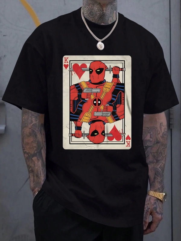 Marvel Erkek Basit Poker Deadpool Grafik Baskılı Yuvarlak Yaka Kısa Kollu Tişört, Siyah, Yaz