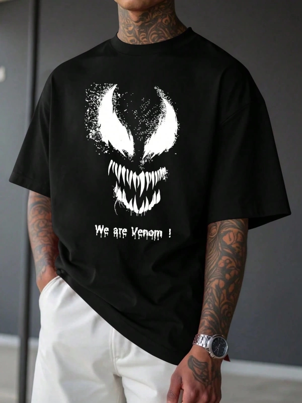 Marvel Erkek Basit Venom Grafik Baskılı Yuvarlak Yaka Kısa Kollu Siyah Tişört, Yaz