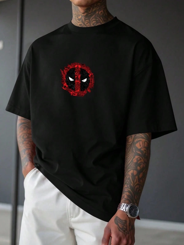 Marvel Erkek Günlük Deadpool Logo Baskılı Yuvarlak Yaka Kısa Kollu Siyah Tişört, Yaz