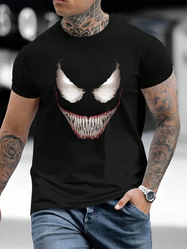Marvel Erkek Minimalist Venom Grafik Baskılı Mürettebat Yaka Kısa Kollu Siyah Tişört, Yaz