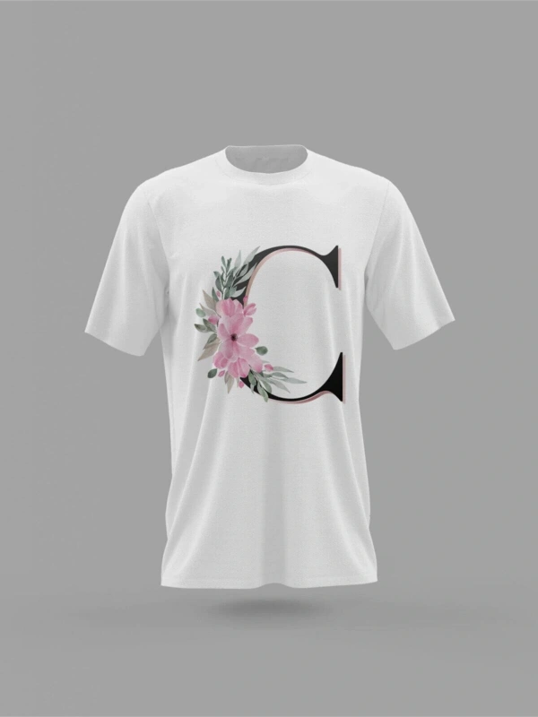 MAVİ C Harfi Baş Harf Pembe Çiçekli Baskılı T-shirt PNRMTSHRT4491