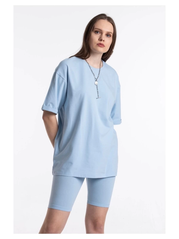 Mavi Renkli, Düz, Kısa Kollu Boyfriend Örme T-shirt