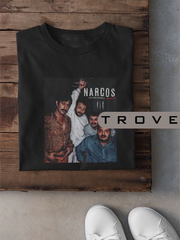 MAVİ Unısex Kadın Erkek Narcos Kolpaçino Netflıx %100 Pamuk Baskılı Siyah Beyaz T-shirt NARC