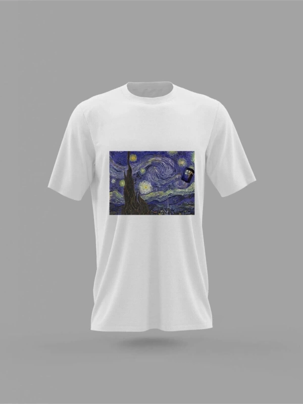 MAVİ Unisex Tardis Doctor Who Van Gogh Yıldızlı Gece Tablo Baskılı T-shirt PNRMTSHR