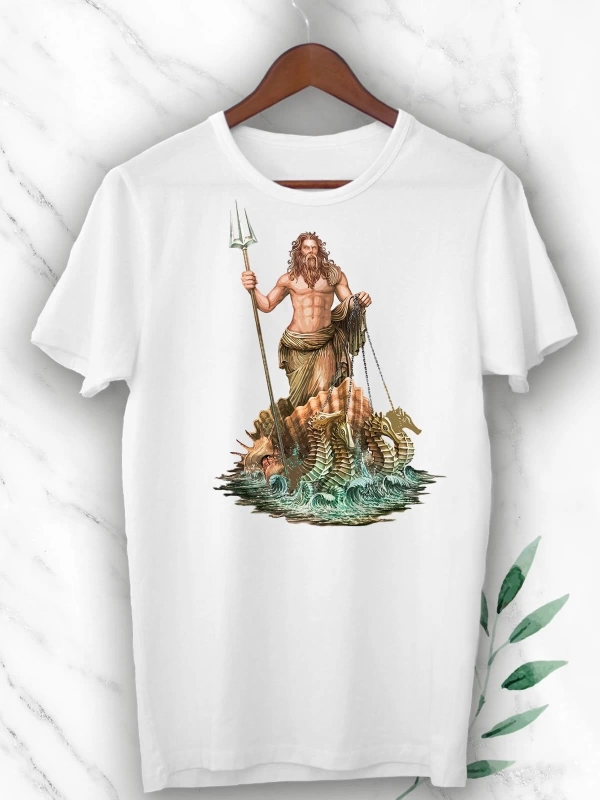 Mitoloji Denizler Tanrısı Poseidon Baskılı Beyaz Unısex Tişört