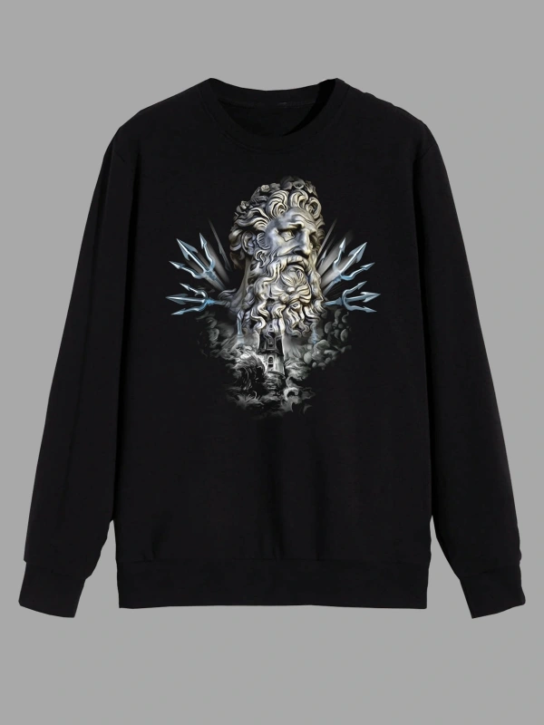 Mitoloji Denizler Tanrısı Poseidon Heykel Baskılı Siyah Unısex Sweatshirt