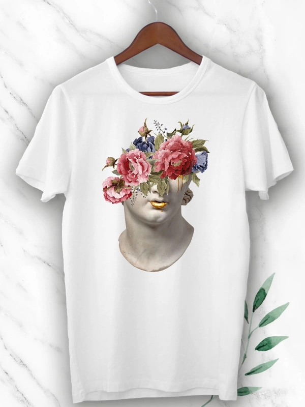 Mitoloji Heykel Baskılı Beyaz Unisex Tişört