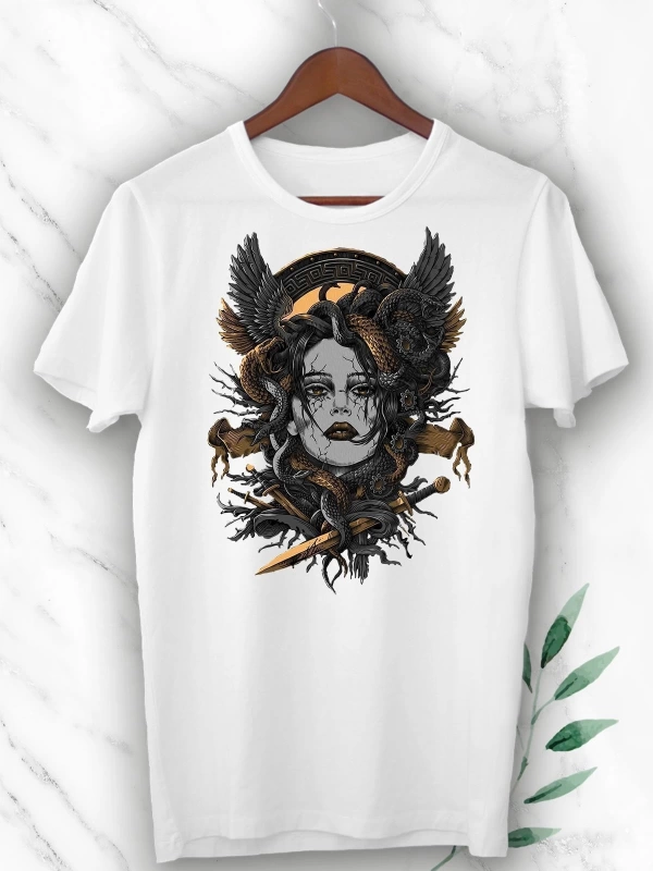 Mitoloji Medusa Baskılı Beyaz Unısex Tişört