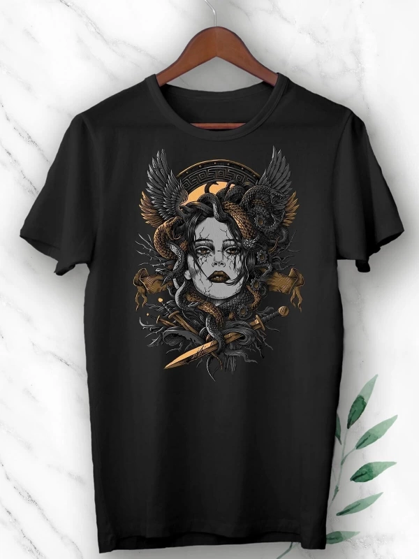 Mitoloji Medusa Heykel Baskılı Siyah Unısex Tişört