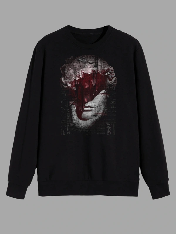 Mitoloji Renkli Heykel Baskılı Siyah Sweatshirt