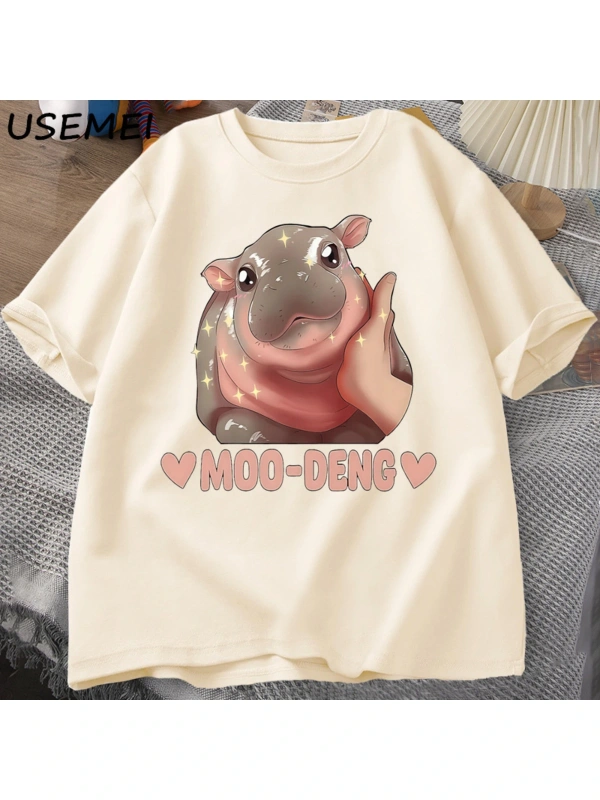Moo Deng sevimli bebek Hippo şaka T Shirt pamuk kısa kollu O boyun baskılı tişört Unisex erke 2973