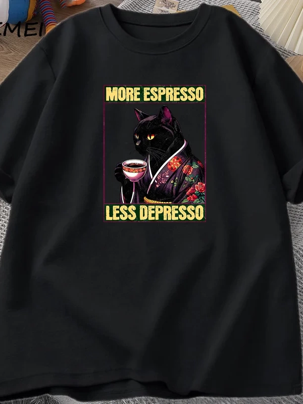 More Espresso Less Depresso Cat Drinking Coffee Funny T Shirt for Men Women Japanese Style Ca 2910