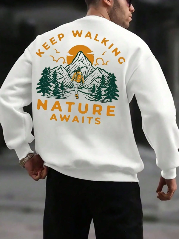 Mountain & Slogan Graphic Drop Shoulder Sweatshirt Beyaz